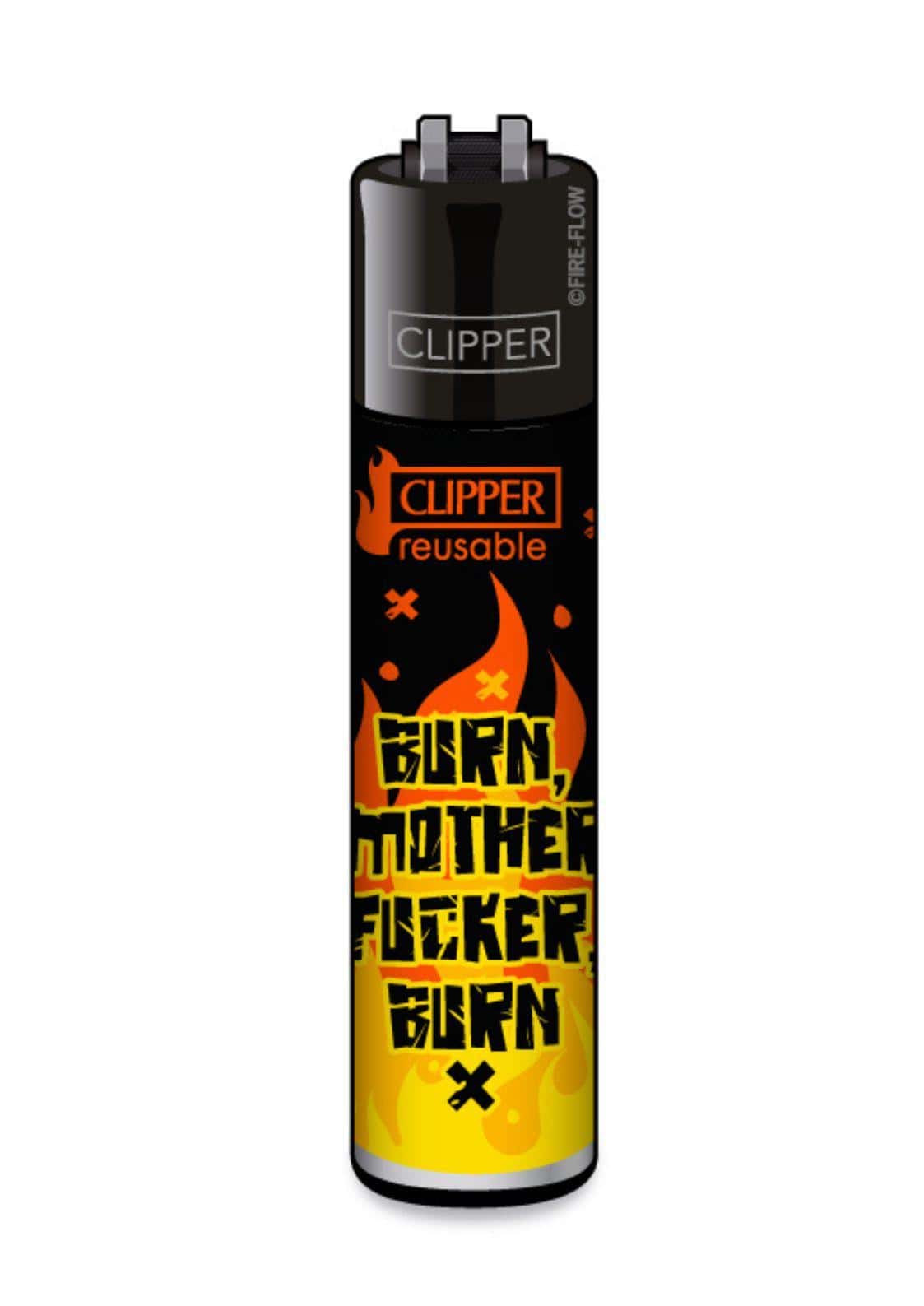 Schwarzes und gelbes flammenmotiv clipper feuerzeug nachfüllbar mit fettem orangefarbenem burn mother fucker schriftzug